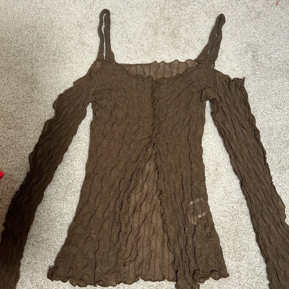 Shein Brown Sheer Long Sleeve Top with Lettuce Hem Y2K